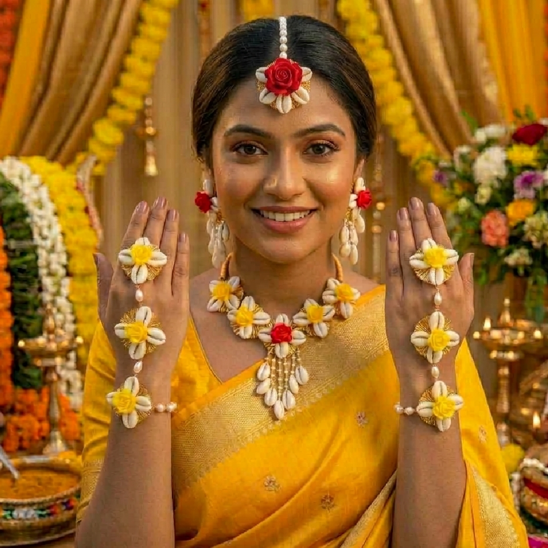 A model in a yellow festive saree wearing a handcrafted cowrie shell jewelry set. The maangtika features a single red flower center with the yellow flowers removed, while the necklace, earrings, and dual haathphools retain their original red and yellow floral accents.