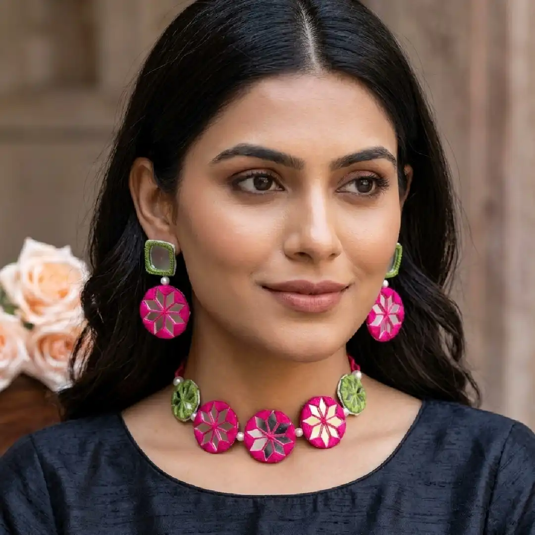 A model showcasing the handcrafted pink and green mirror work choker necklace and matching earrings from Itsy Bitsy Kolkata, styled for a festive event.