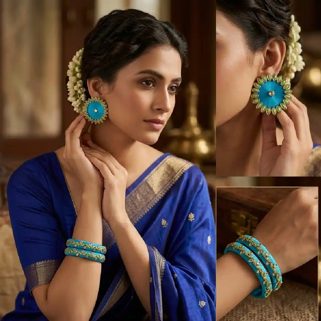 A collage of three images showing a woman in a royal blue saree wearing a turquoise silk thread jewelry set with green Kundan stones, featuring large circular stud earrings and matching bangles.