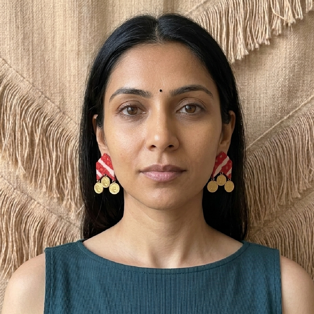 Full-face front portrait of a model wearing a pair of handmade red and white chevron-shaped fabric statement earrings with dangling gold coin charms.