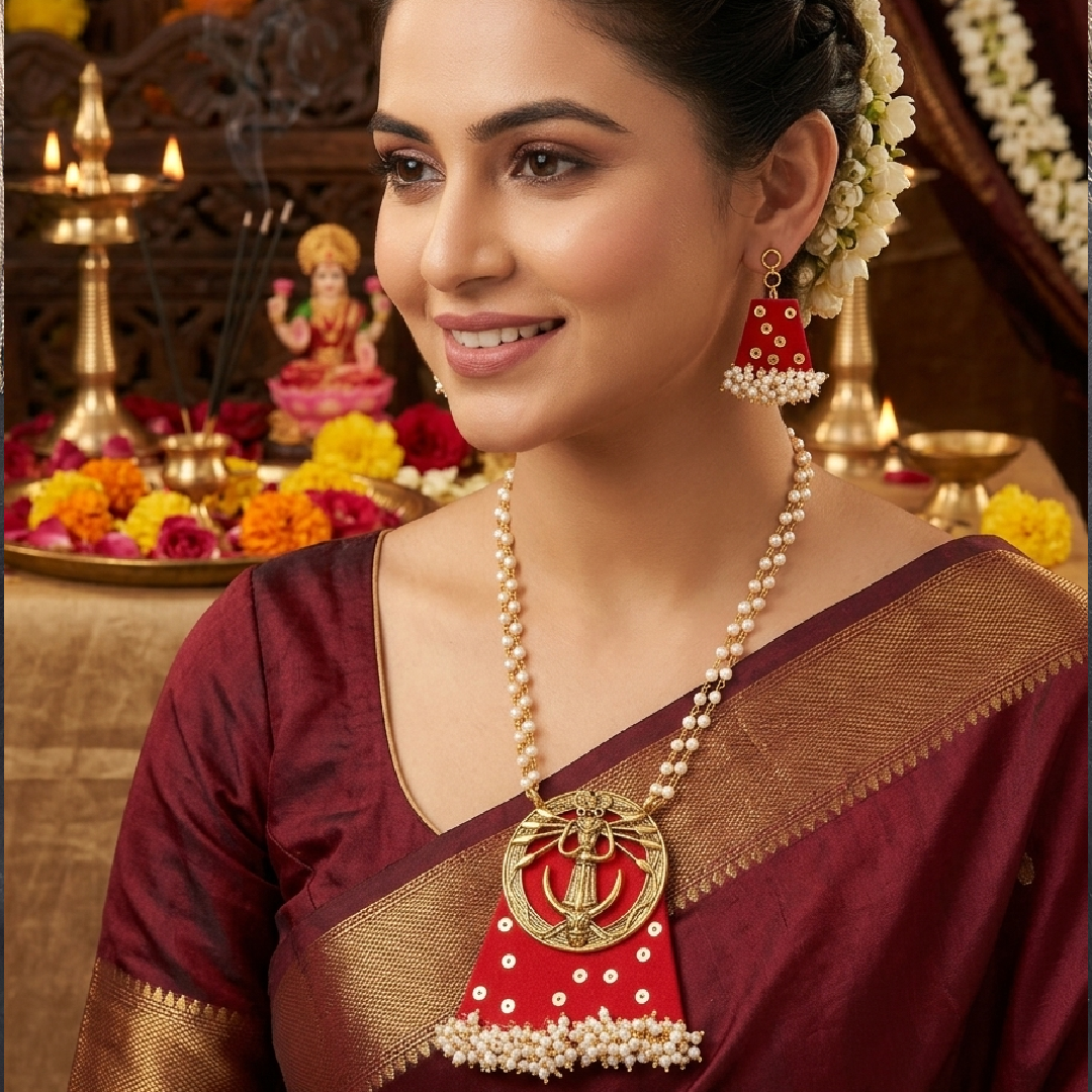 Shop by seeing model image of Itsy Bitsy Kolkata Temple Jewellery Set